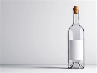 A clear glass bottle with a cork stopper and a blank white label stands on a white surface against a light gray background.