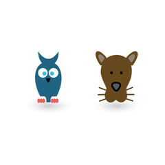 Cute Blue Owl and Brown Dog Cartoon Icons on White Background
