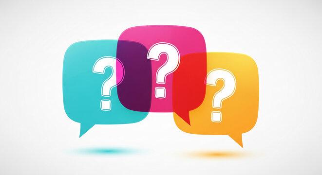 Three speech bubbles in blue, pink, and yellow overlap, each containing a white question mark, representing communication and inquiry, concept of discussion
