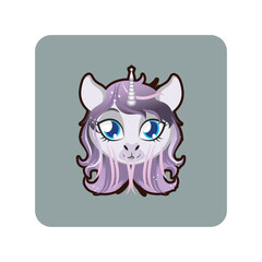 A cute fantasy unicorn head with a magical horn and beautiful purple hair, a lovely character icon