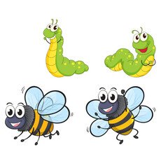 Cute green caterpillar and a buzzing bee on a white background