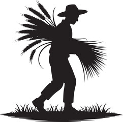 Silhouette of a farmer carrying a bundle of wheat stalks
