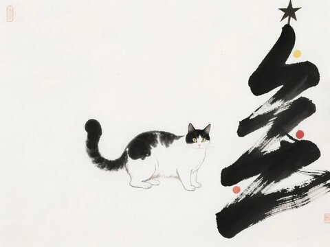 Sumi-e Style Black and White Cat with Brush Stroke Christmas Tree