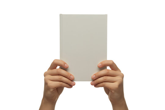 Hands holding a blank book isolated on white background