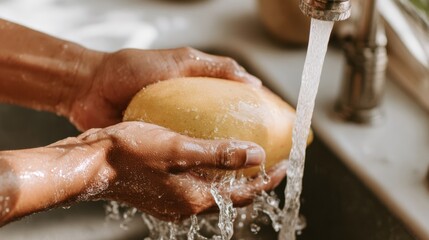 Hands washing mango fruit under running water in kitchen sink with clean fresh stream for food preparation hygiene