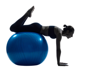   Elegant Yoga Stretch with Dark Indigo Stability Ball on Clear PNG Background