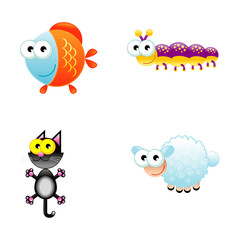Cartoon Animals Set Colorful Fish, Caterpillar, Cat and Sheep Illustration