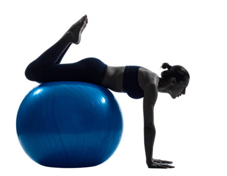   Elegant Yoga Stretch with Dark Indigo Stability Ball on Clear PNG Background