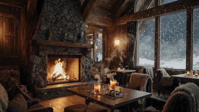 Cozy cabin interior with fire and snowy landscape