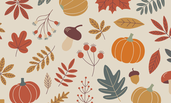 Celebrate autumn with pumpkins, leaves, and berries in this seamless pattern design for fall decorations