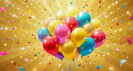 Colorful balloon cluster with chrome shine, surrounded by confetti on golden sparkling background, creating festive and joyful atmosphere
