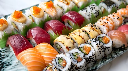 Exquisite assortment of fresh, colorful sushi and sashimi presented artfully on a decorative platter