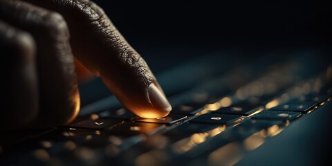 Close-up of a finger pressing a key on a laptop keyboard in a dimly lit room during a late-night work session