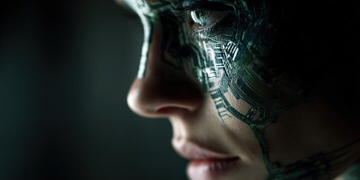 Close-up of a futuristic face featuring intricate circuit patterns in a dimly lit environment at night