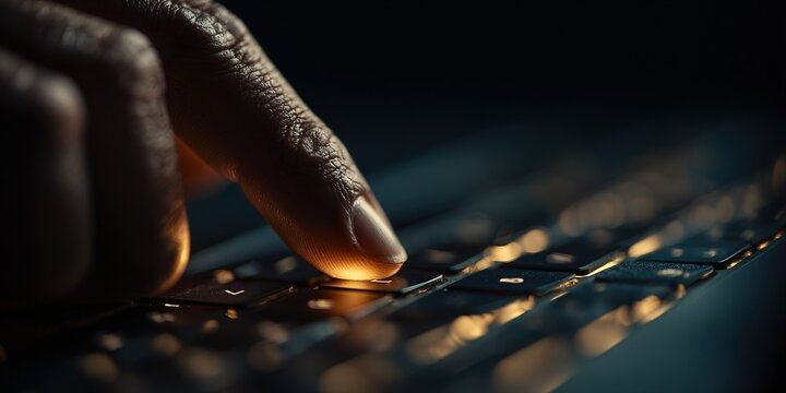 Close-up of a finger pressing a key on a laptop keyboard in a dimly lit room during a late-night work session