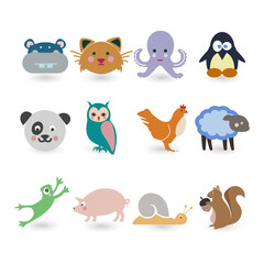 A delightful collection of cute zoo, farm, and wild animal character icons in a flat design style