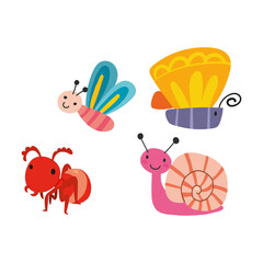 Cute Collection of Cartoon Insects and Garden Critters - Butterfly, Ant, and Snail Icons