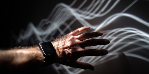 Naklejka premium Hand interacting with flowing light patterns in a dimly lit space during the evening