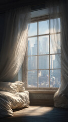 Bedroom window curtain soft light urban skyline serene morning breeze