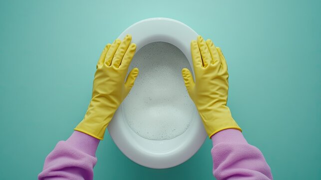 Person in purple shirt using yellow gloves to clean a toilet bowl in a home setting with a fresh and vibrant ambiance
