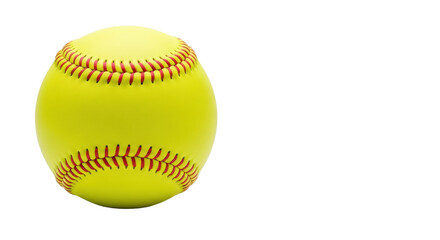 A pristine, brand-new yellow softball with crisp red stitching, depicted in a 3/4 view, isolated on a seamless transparent studio background with ample negative space. Concept of new beginnings and