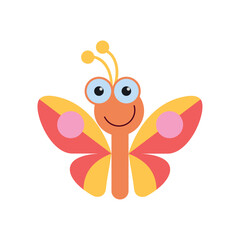Cute cartoon orange butterfly with pink polka dots on wings, smiling with antennae