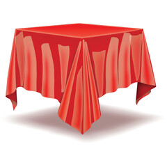 Square table covered with vibrant red tablecloth displaying elegant draping fabric with soft shadows on a white background ideal for event decor or culinary presentations