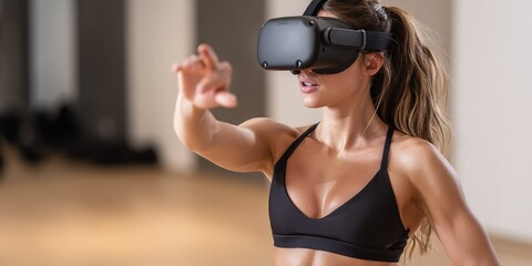 Virtual reality workout session in a modern gym with a woman actively engaging in exercise