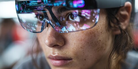 Innovative woman using augmented reality glasses in a technology lab during a creative project