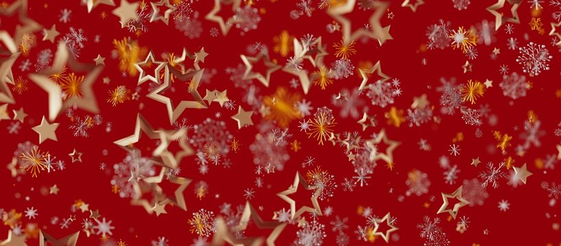 Christmas background with golden stars, snowflakes and bokeh over a red backdrop, creating a festive holiday atmosphere suitable for