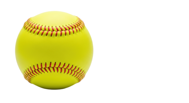 A pristine, brand-new yellow softball with crisp red stitching, depicted in a 3/4 view, isolated on a seamless transparent studio background with ample negative space. Concept of new beginnings and