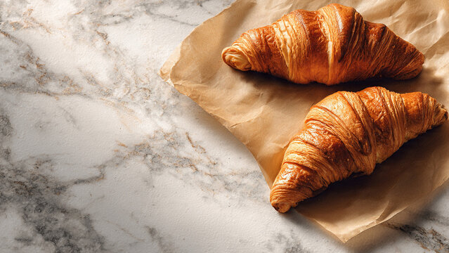 Gourmet Croissants on Brown Baking Paper against White Marble Background with Copy Space – Fresh French Breakfast Pastry Overhead View