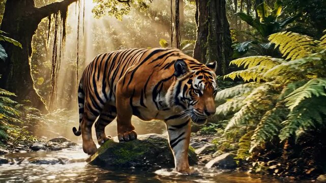 Majestic Tiger Strolling Through a Lush Jungle Stream at Dawn
