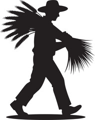 Silhouette of a farmer carrying a bundle of wheat stalks