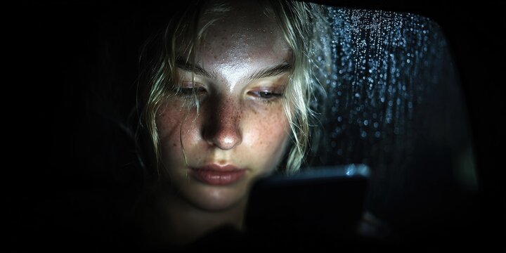 Young woman looking at her smartphone with raindrops on a window at night