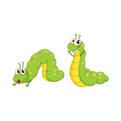 Fototapeta premium Delightful pair of happy green cartoon caterpillars, one stretching and one smiling, perfect for kid-friendly designs