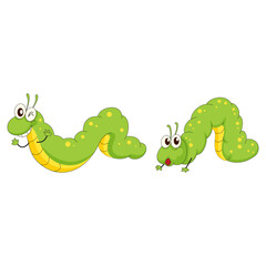 Two Playful and Happy Cartoon Caterpillars with Smiling Expressions and Green Color