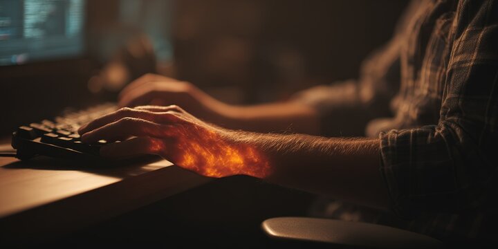 Creative digital art of a person typing on a keyboard with fiery elements emerging from their arm in a dark room