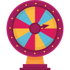 Spinning Wheel Game with Colorful Segments and Arrow Pointer on Orange Stand Against Transparent Background