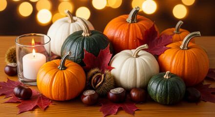 Still life with orange, green, and white pumpkin, chestnut, candle and autumn leaf, representing autumnal abundance and harvest celebration