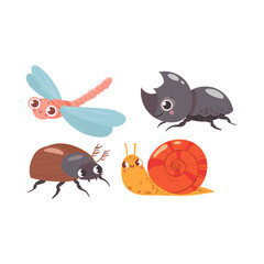A charming collection of cute cartoon insect characters including a dragonfly, beetles, and a snail