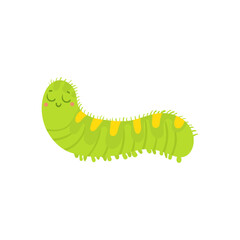 Cute smiling green caterpillar cartoon character. Adorable happy insect larva vector illustration