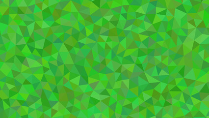 A vibrant green geometric mosaic pattern with triangles of varying shades, creating a textured and dynamic abstract background design