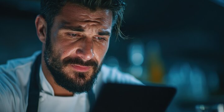 Chef focusing intently on digital tablet while working in a dimly lit kitchen during evening hours