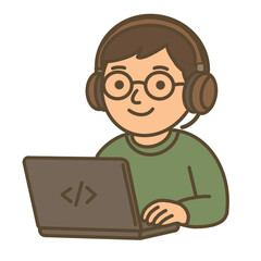 Hand draw programmer cartoon character with laptop