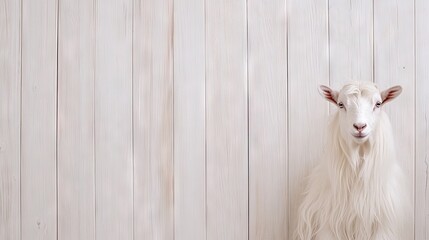 White-haired goat stands gracefully in a rustic barn with wooden walls, showcasing its beauty in a tranquil setting