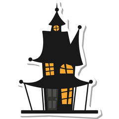 Spooky Haunted House Silhouette with Glowing Windows on a White Background with Soft Shadow Detail
