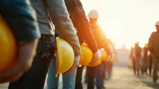 Group of construction workers holding yellow helmets in a line, showcasing teamwork and readiness, camera pans to capture the scene's progression and atmosphere