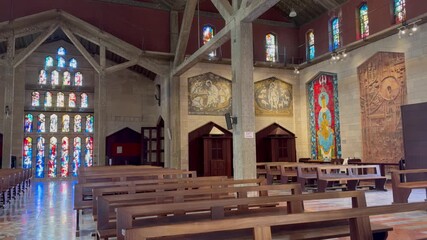 Israel, November 18, 2025 — Second-floor interior of the Church of the Annunciation with stained glass, site where Gabriel announced Jesus’ birth. - Powered by Adobe