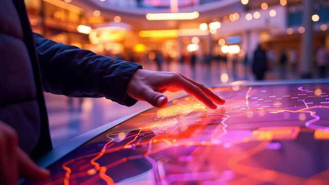 Interactive map touch screen neon light city guide digital interface urban navigation technology hand gesture control modern night glow
